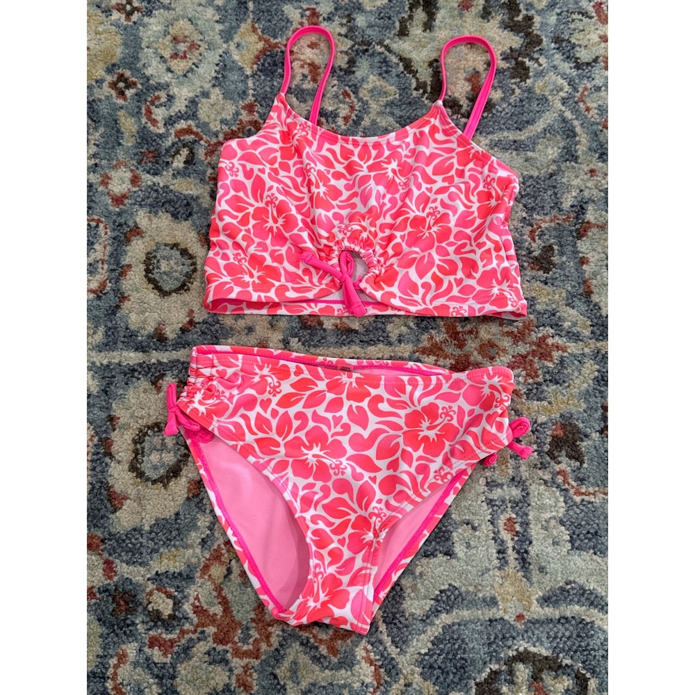 Kenzie Girl Swimsuit Girls 7/8 Pink Floral Hibiscus Two Piece Tankini EUC